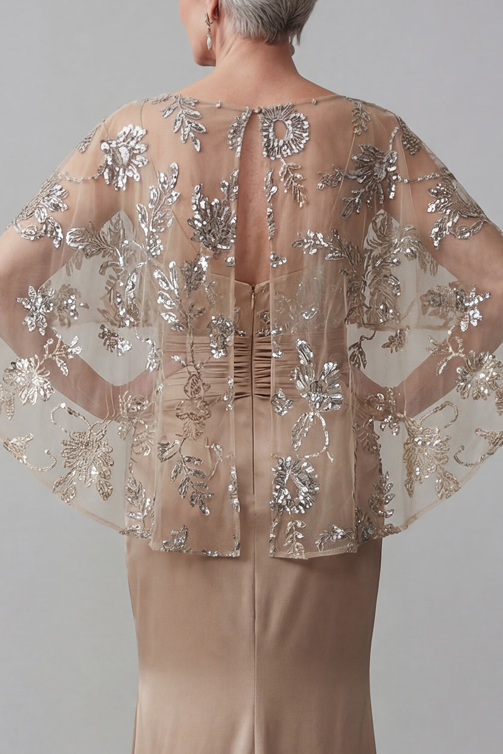 Mermaid Champagne Floral Appliqued Satin Long Mother of the Bride Dress with Cape