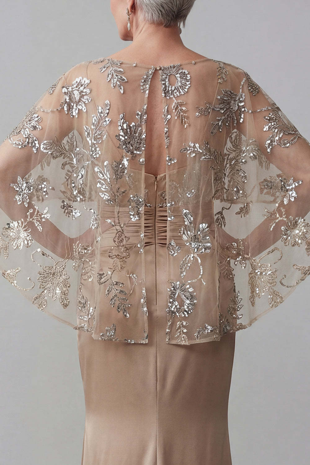 Mermaid Champagne Floral Appliqued Satin Long Mother of the Bride Dress with Cape