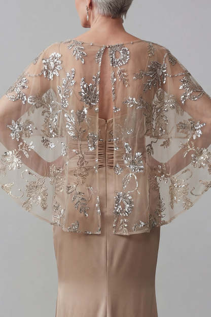Mermaid Champagne Floral Appliqued Satin Long Mother of the Bride Dress with Cape