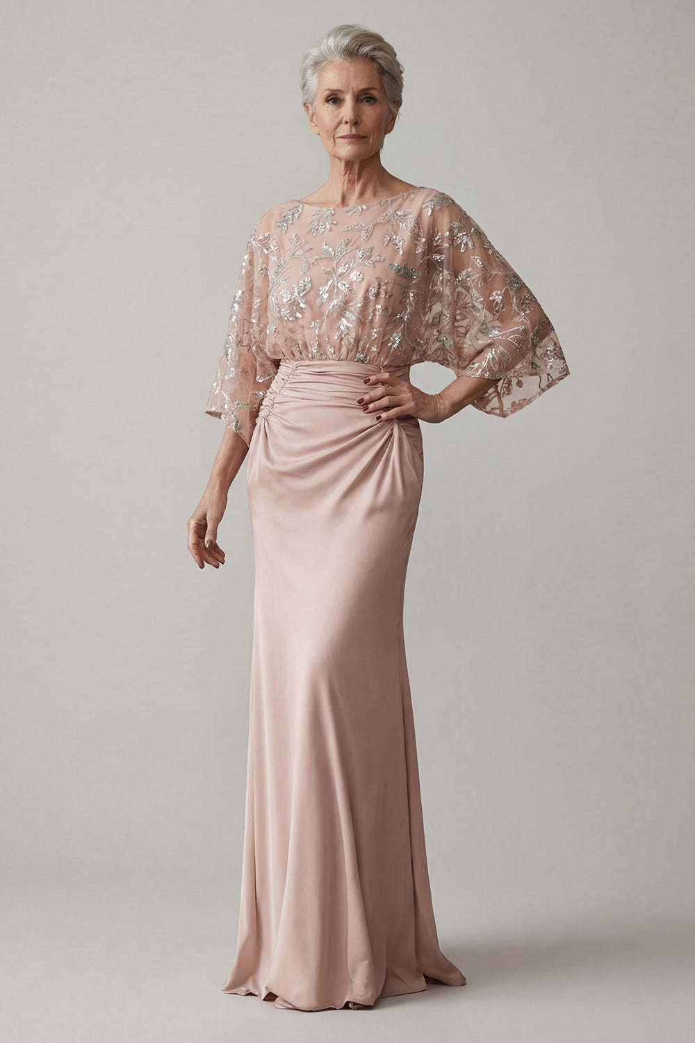 Leely Women Blush Floral Ruched Long Mother of the Bride Dress Appliqued Flutter Sleeves Evening Dress