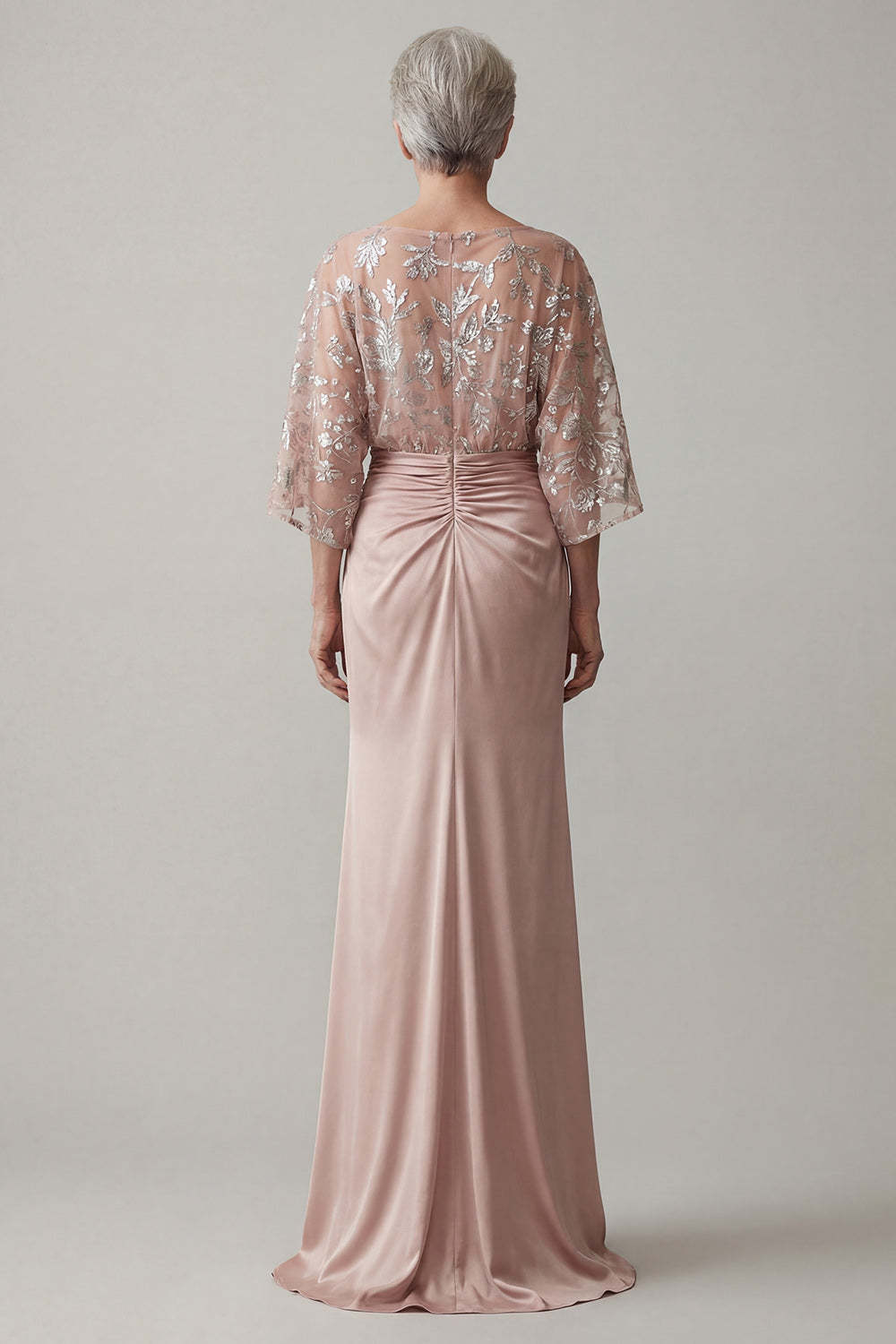 Blush Floral Ruched Appliqued Flutter Sleeves Long Mother of the Bride Dress