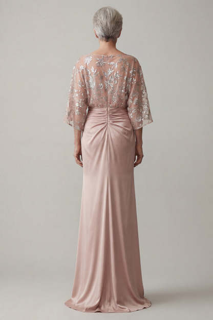Blush Floral Ruched Appliqued Flutter Sleeves Long Mother of the Bride Dress