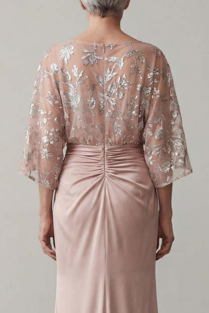 Blush Floral Ruched Appliqued Flutter Sleeves Long Mother of the Bride Dress