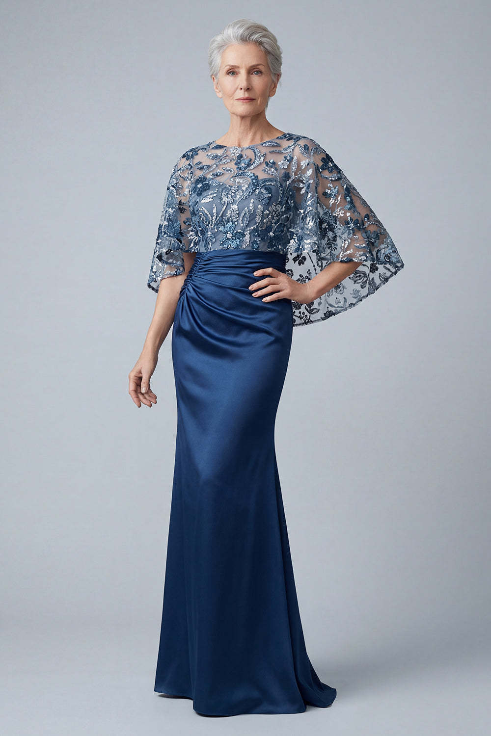 Leely Women Satin Ruched Floral Sheath Navy Long Mother of the Bride Dress Appliqued Illusion Neck Wedding Guest Dress