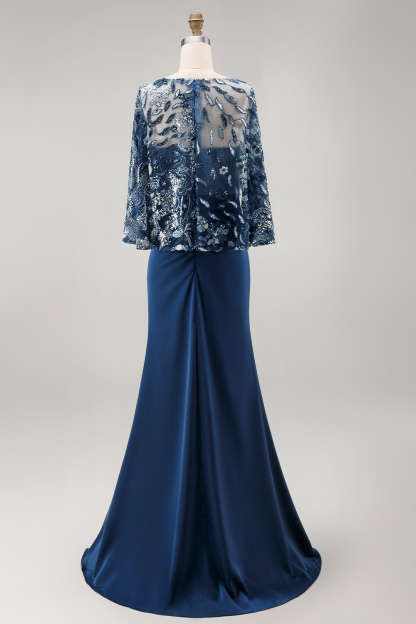 Satin Ruched Floral Appliqued Sheath Navy Long Mother of the Bride Dress
