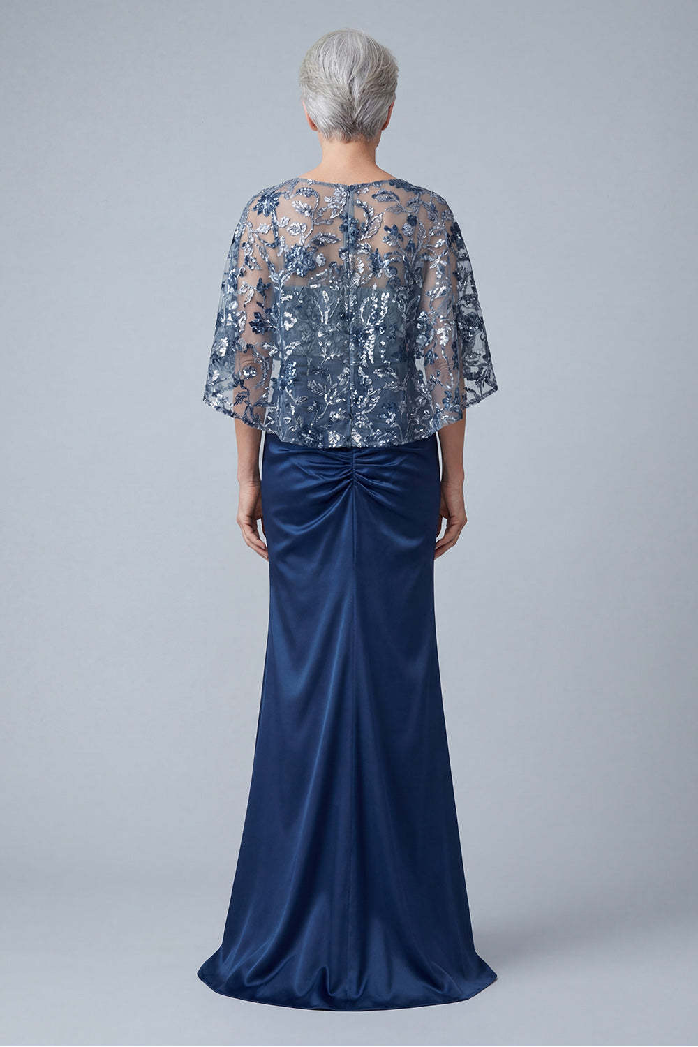 Satin Ruched Floral Appliqued Sheath Navy Long Mother of the Bride Dress