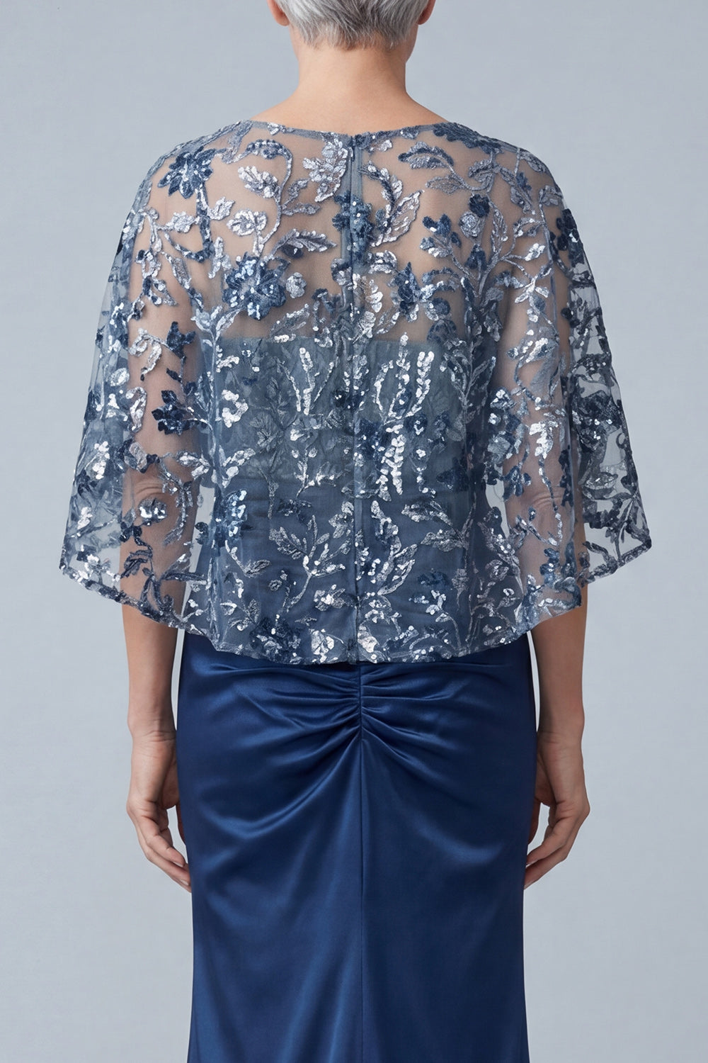 Satin Ruched Floral Appliqued Sheath Navy Long Mother of the Bride Dress