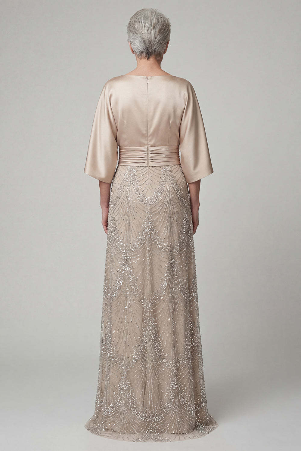 Sparkly Beaded Champagne Satin Flutter Sleeves Long Mother of the Bride Dress