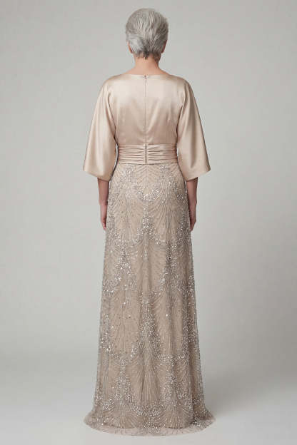 Sparkly Beaded Champagne Satin Flutter Sleeves Long Mother of the Bride Dress