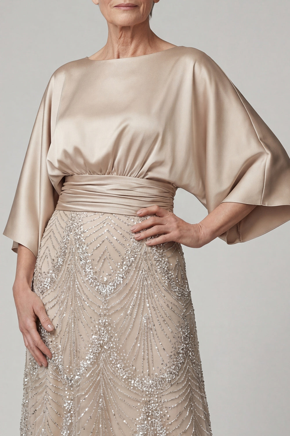 Sparkly Beaded Champagne Satin Flutter Sleeves Long Mother of the Bride Dress