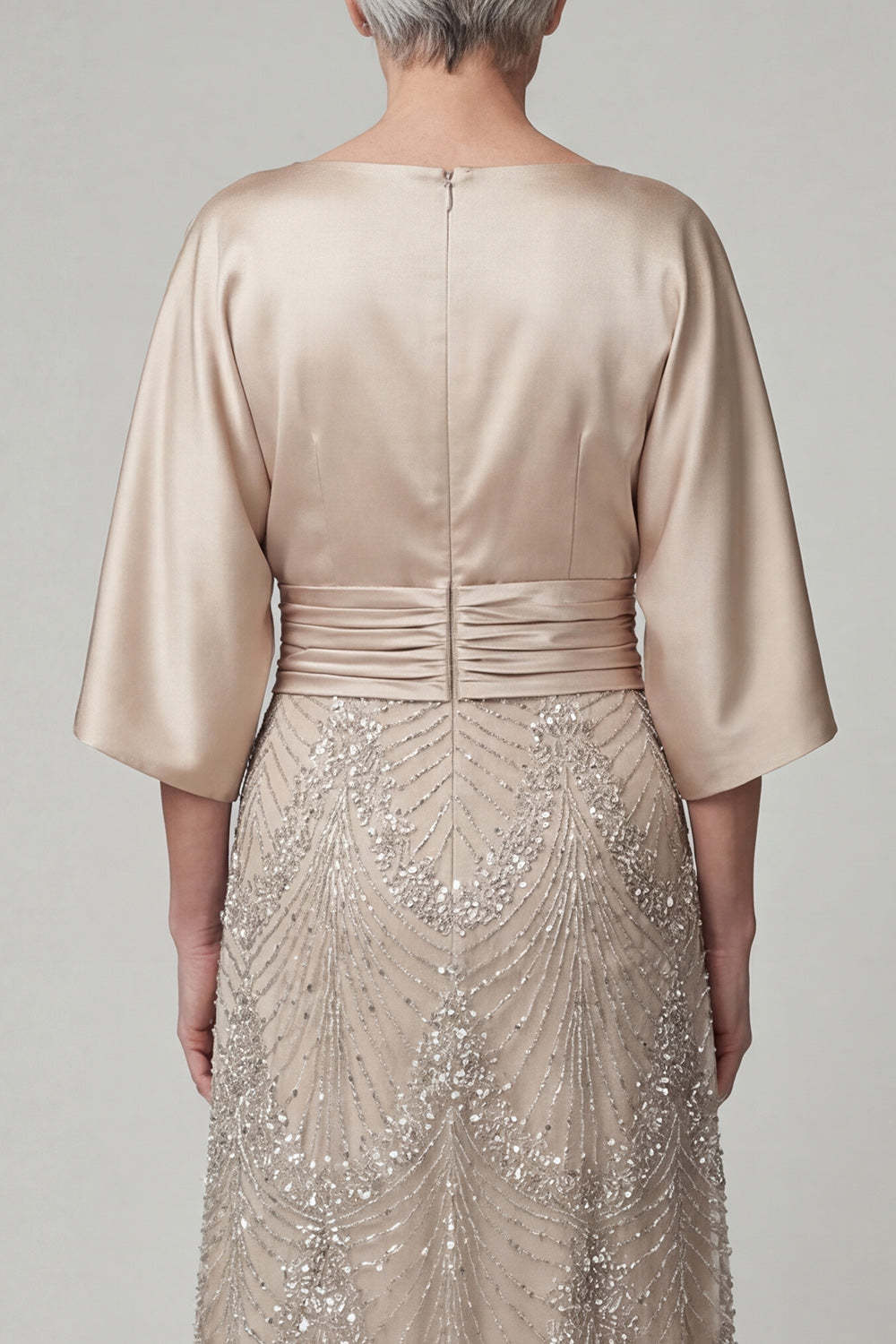 Sparkly Beaded Champagne Satin Flutter Sleeves Long Mother of the Bride Dress