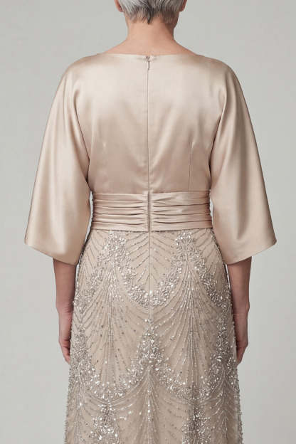 Sparkly Beaded Champagne Satin Flutter Sleeves Long Mother of the Bride Dress