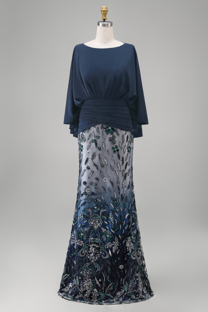 Sparkly Navy Floral Sheath Satin Long Mother of the Bride Dress