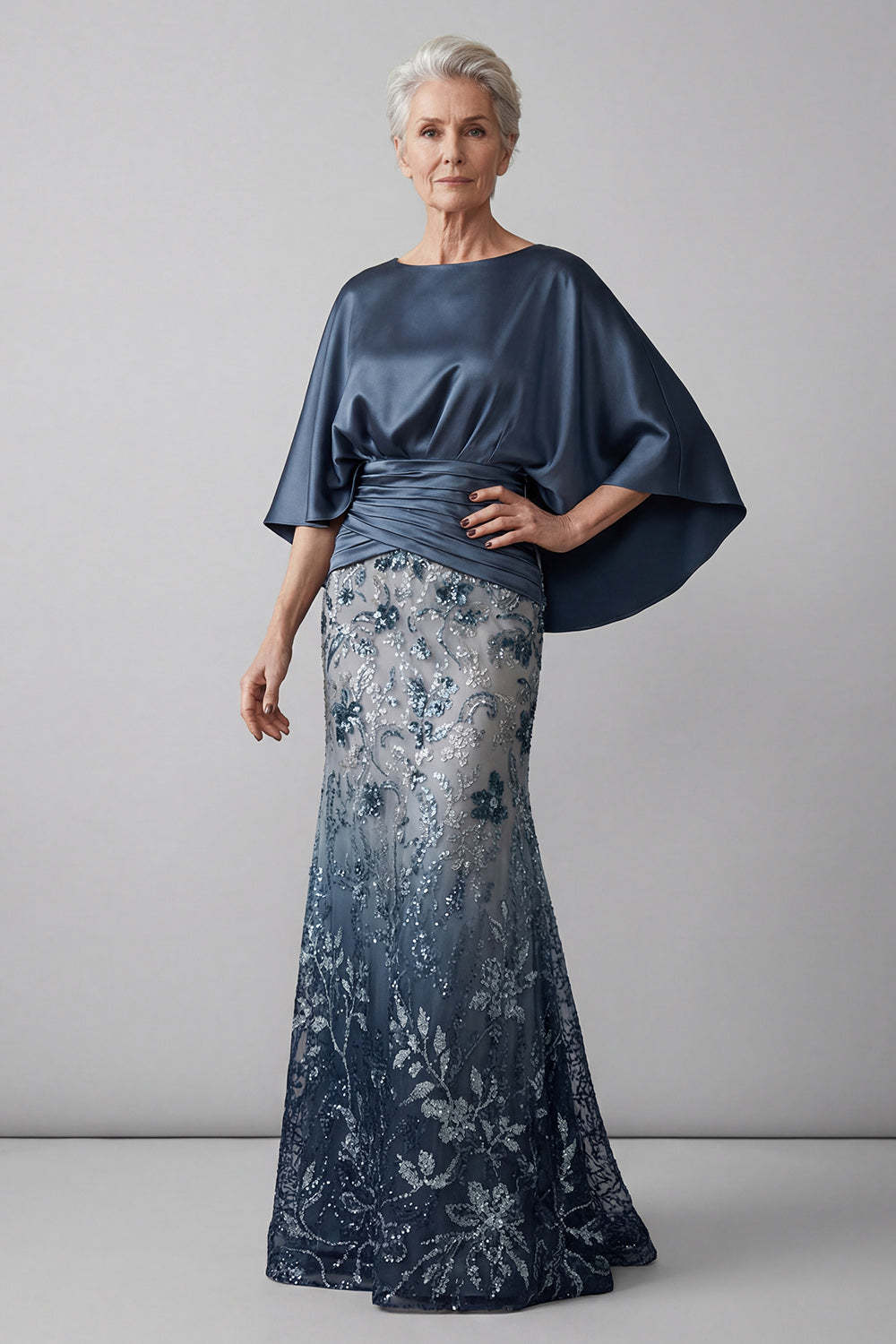 Leely Women Sparkly Navy Floral Sheath Long Mother of the Bride Dress Satin Round Neck Wedding Guest Dress with Cape