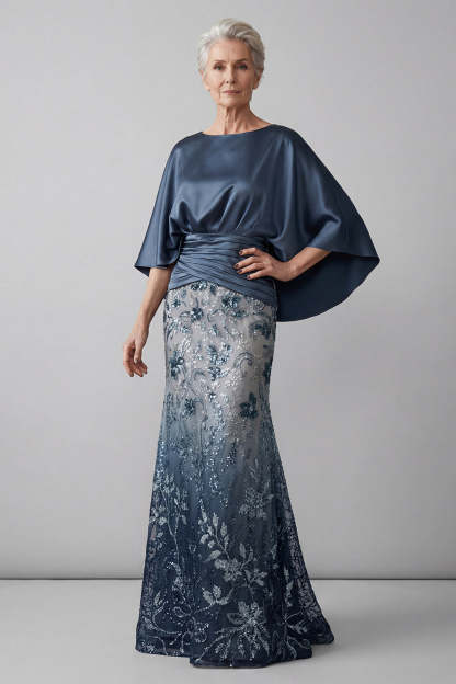 Leely Women Sparkly Navy Floral Sheath Long Mother of the Bride Dress Satin Round Neck Wedding Guest Dress with Cape