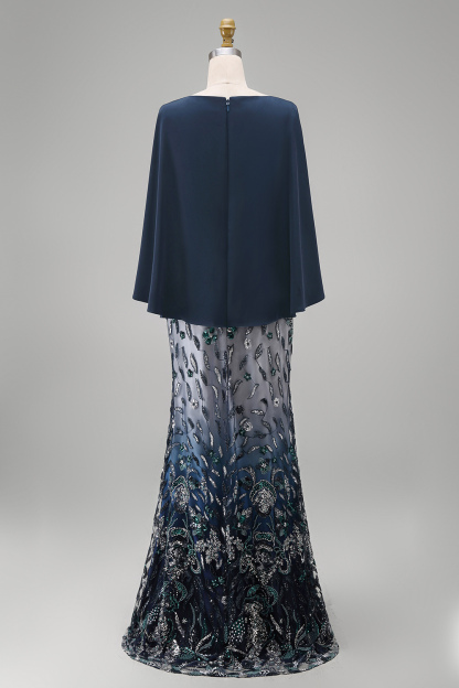 Sparkly Navy Floral Sheath Satin Long Mother of the Bride Dress