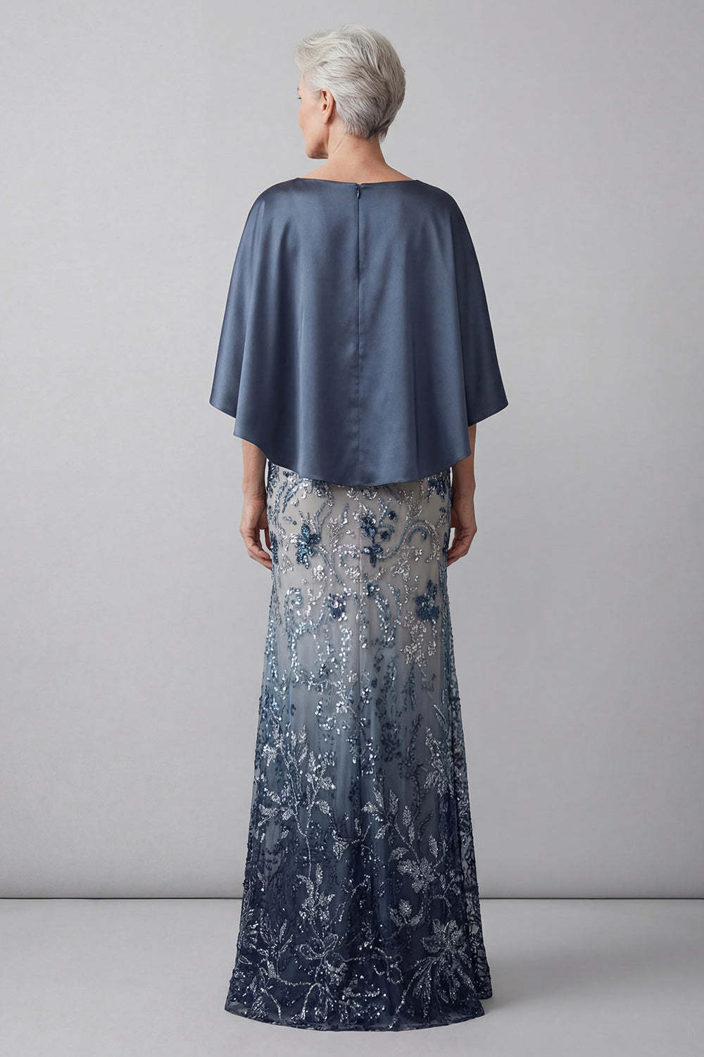 Sparkly Navy Floral Sheath Satin Long Mother of the Bride Dress