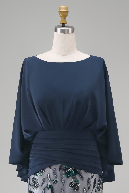 Sparkly Navy Floral Sheath Satin Long Mother of the Bride Dress