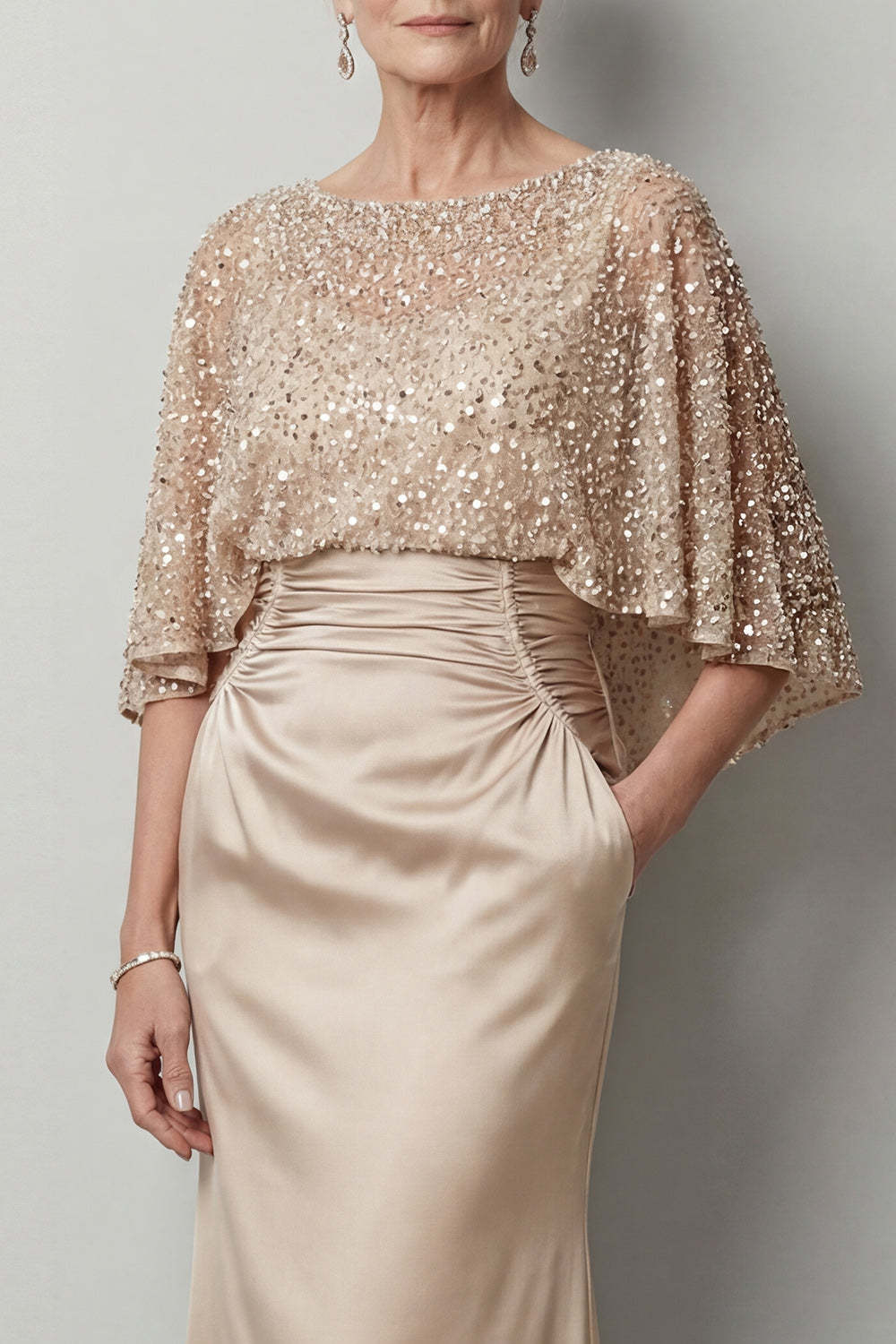 Sparkly Sequined Champagne Satin Mermaid Long Mother of the Bride Dress