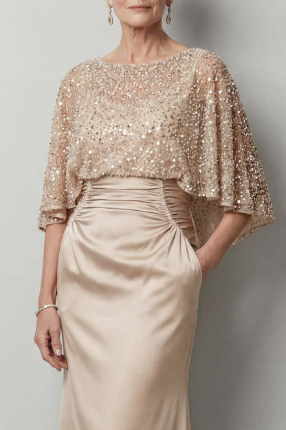 Sparkly Sequined Champagne Satin Mermaid Long Mother of the Bride Dress