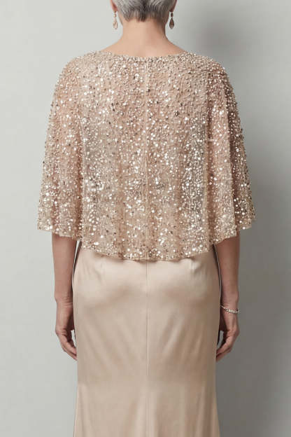 Sparkly Sequined Champagne Satin Mermaid Long Mother of the Bride Dress