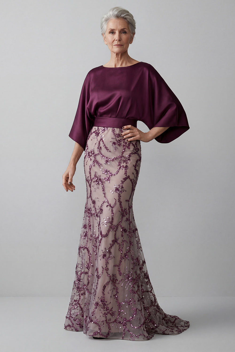 Leely Women Dark Purple Floral Sparkly Sequined Long Mother of the Bride Dress Sheath Satin Round Neck Wedding Guest Dress