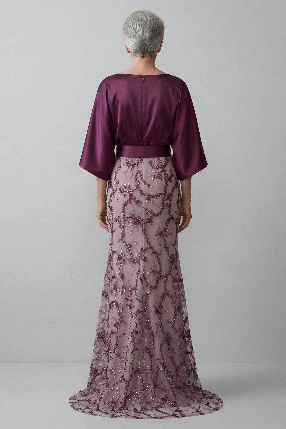 Dark Purple Floral Sheath Satin Sparkly Sequined Long Mother of the Bride Dress