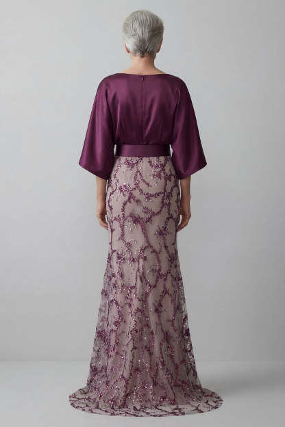 Dark Purple Floral Sheath Satin Sparkly Sequined Long Mother of the Bride Dress