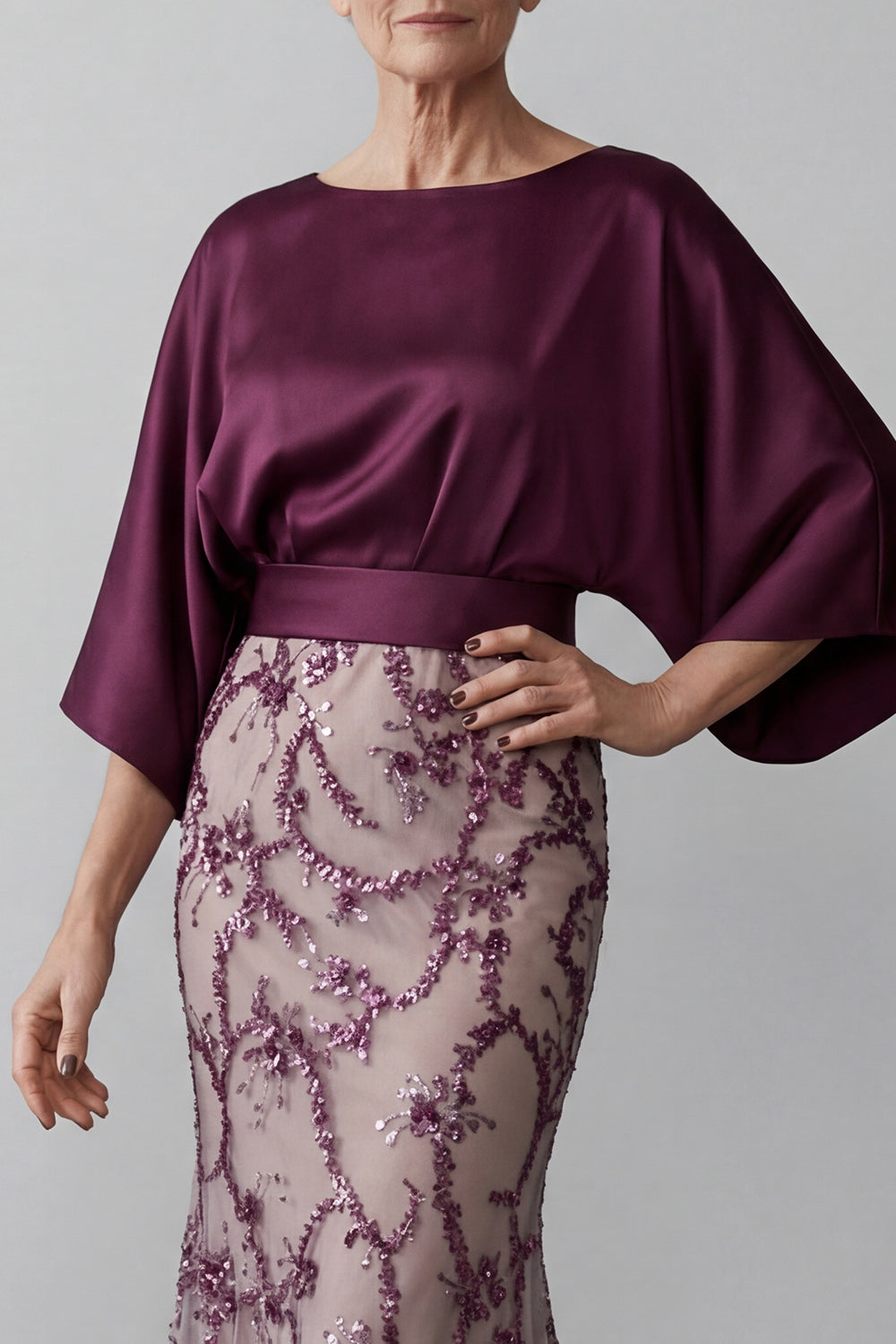 Dark Purple Floral Sheath Satin Sparkly Sequined Long Mother of the Bride Dress