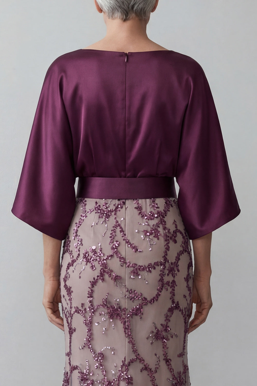 Dark Purple Floral Sheath Satin Sparkly Sequined Long Mother of the Bride Dress