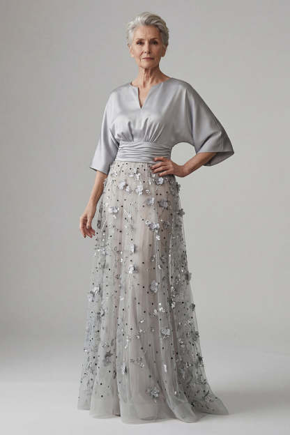 Leely Women A Line Satin Sliver Floral Long Mother of the Bride Dress Appliqued V Neck Evening Dress