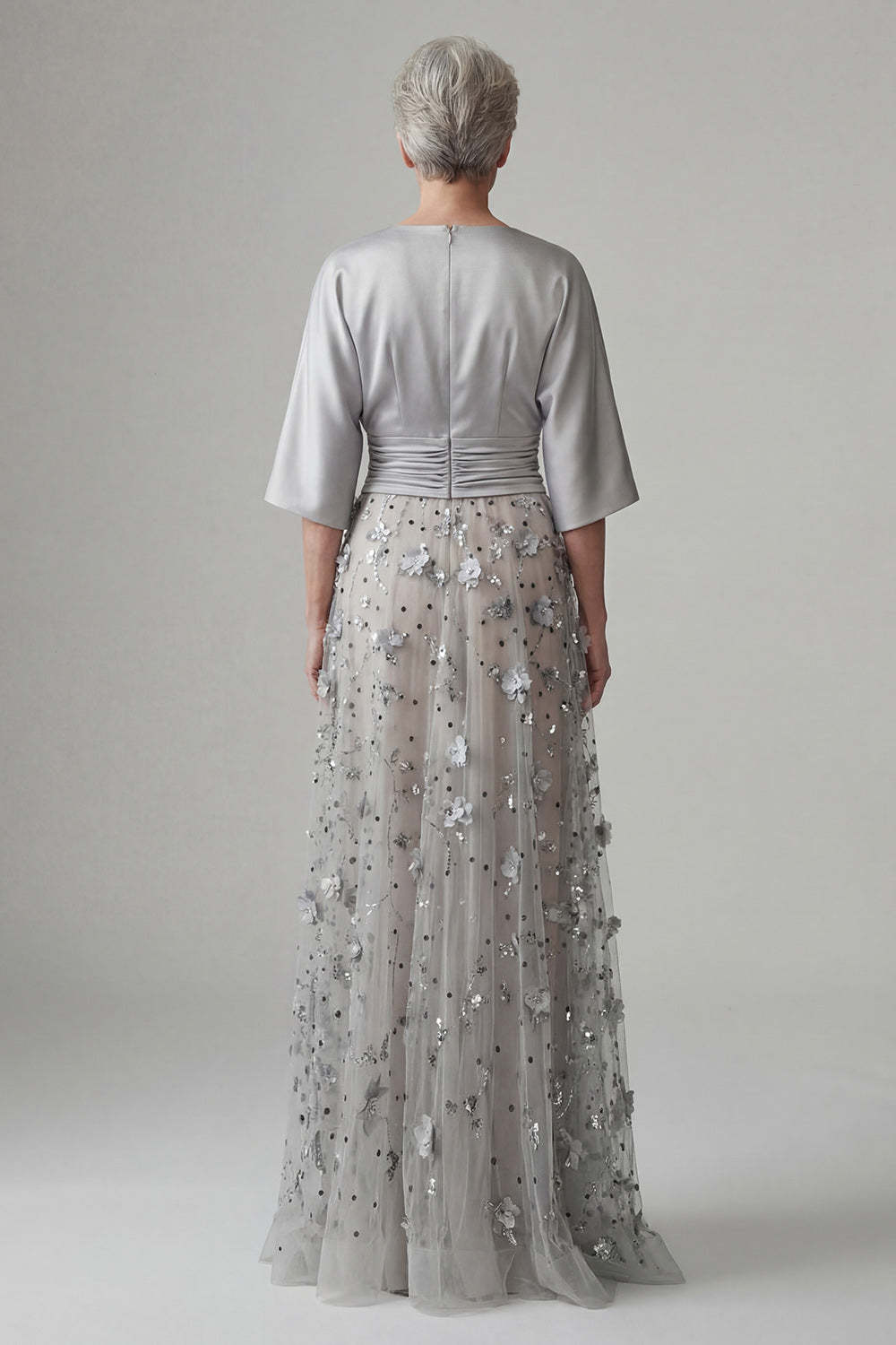 V Neck A Line Satin Sliver Floral Appliqued Long Mother of the Bride Dress