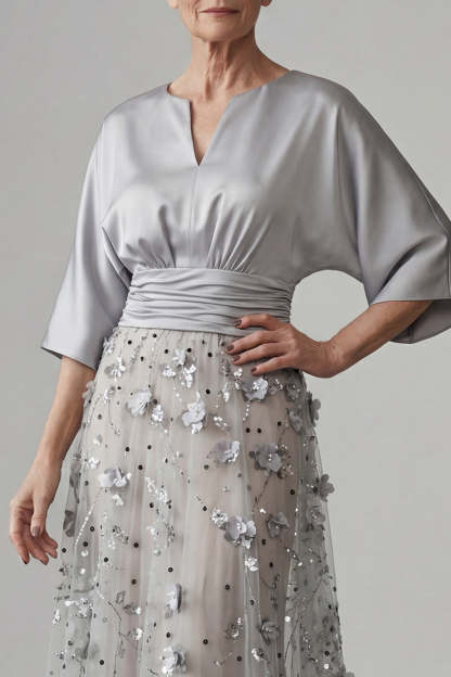 V Neck A Line Satin Sliver Floral Appliqued Long Mother of the Bride Dress