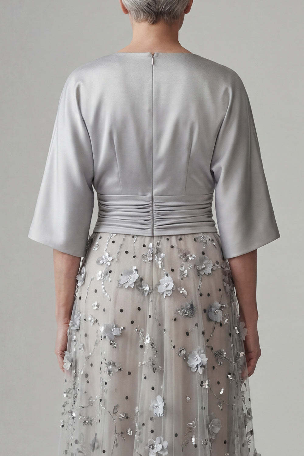 V Neck A Line Satin Sliver Floral Appliqued Long Mother of the Bride Dress