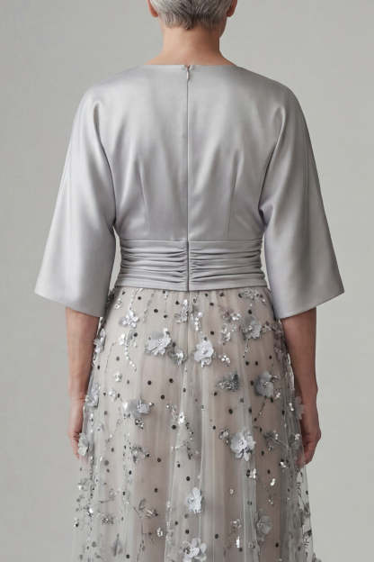 V Neck A Line Satin Sliver Floral Appliqued Long Mother of the Bride Dress