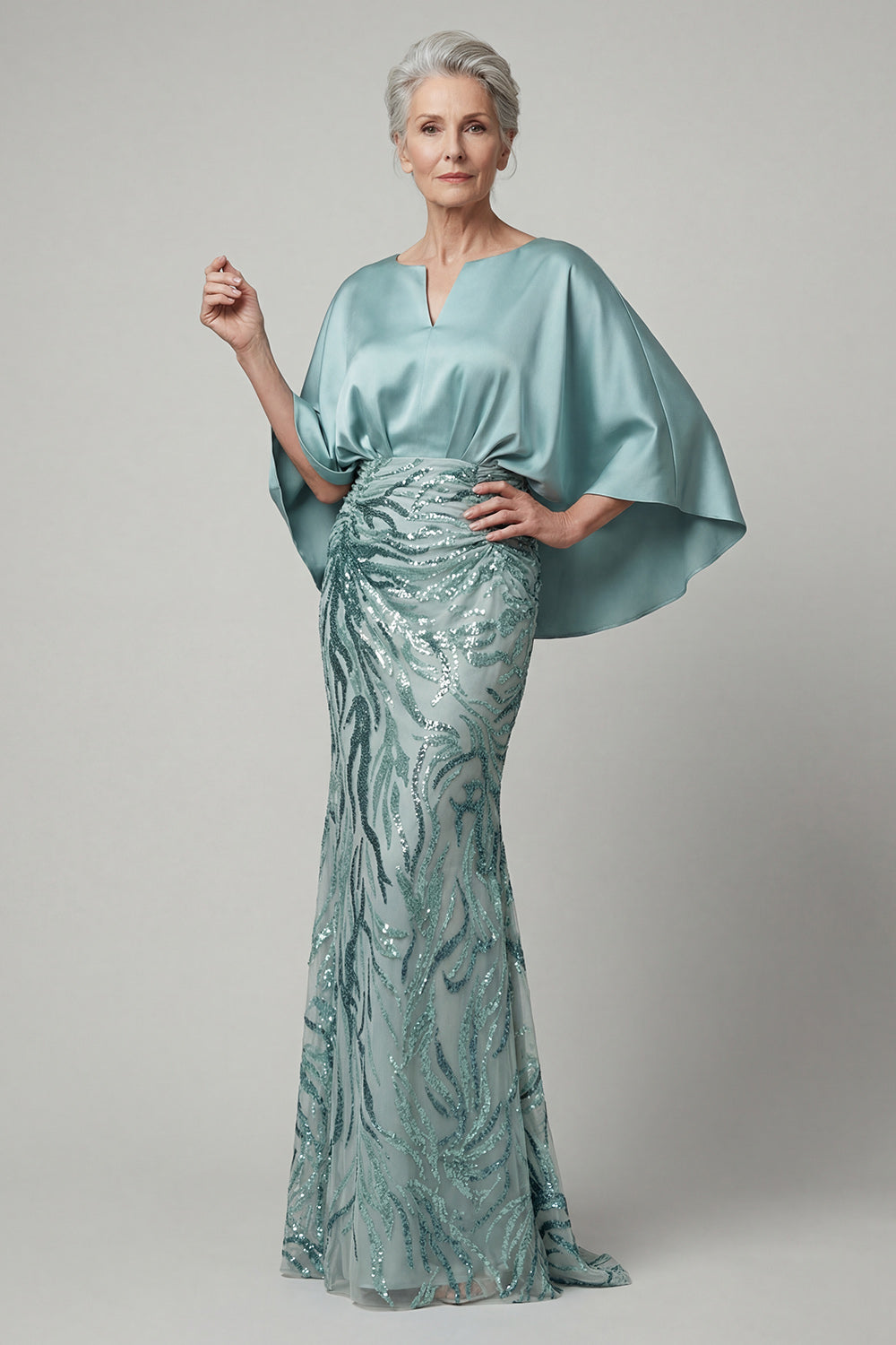 Leely Women Blue A Line Satin Floral Long Mother of the Bride Dress V Neck Appliqued Wedding Guest Dress