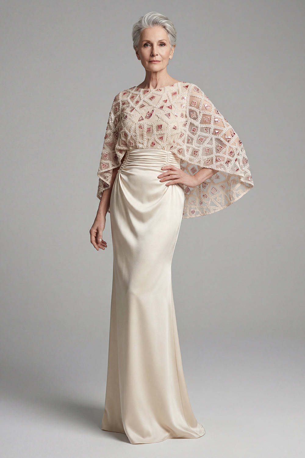 Leely Women Beaded Ivory Sheath Long Mother of the Bride Dress with Cape Appliqued Round Neck Evening Dress