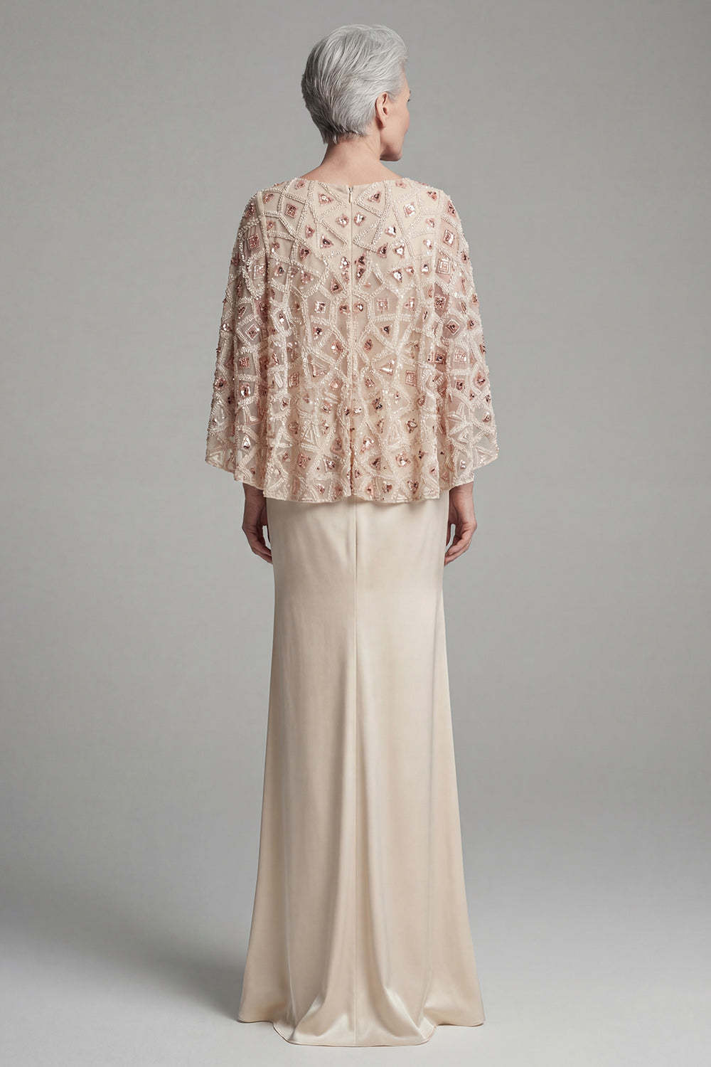 Beaded Ivory Sheath Appliqued Long Mother of the Bride Dress with Cape