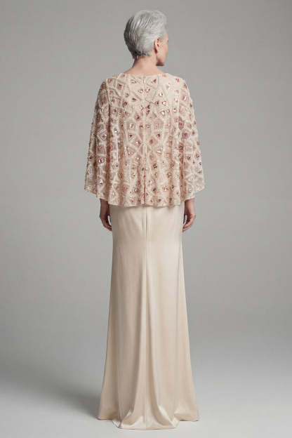 Beaded Ivory Sheath Appliqued Long Mother of the Bride Dress with Cape