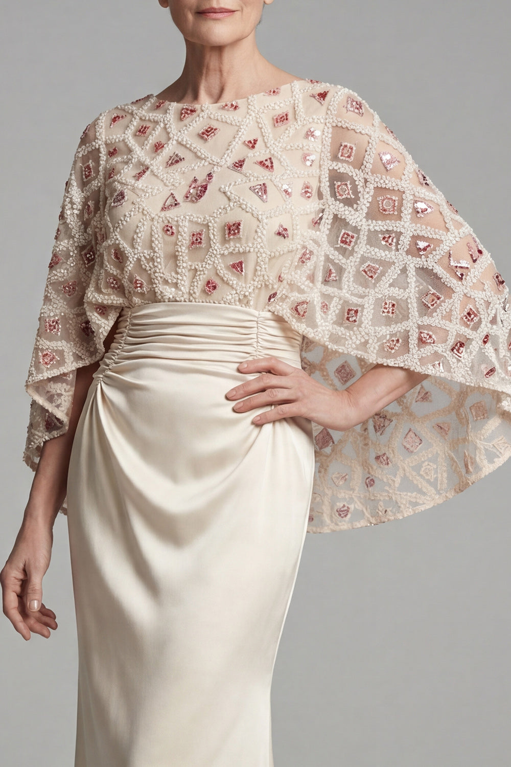 Beaded Ivory Sheath Appliqued Long Mother of the Bride Dress with Cape