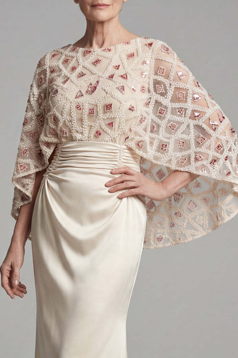 Beaded Ivory Sheath Appliqued Long Mother of the Bride Dress with Cape