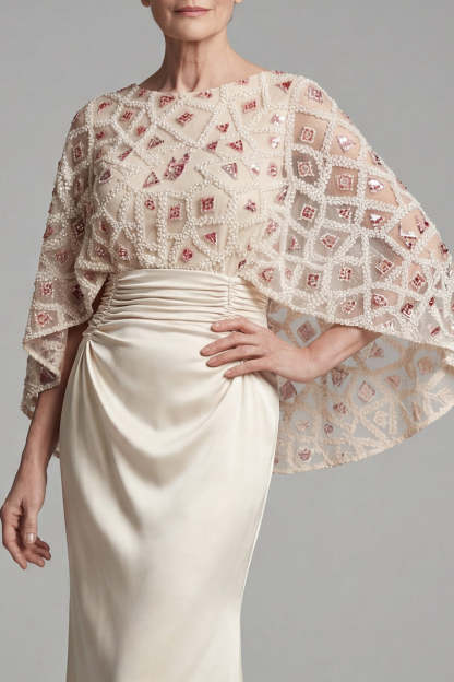 Beaded Ivory Sheath Appliqued Long Mother of the Bride Dress with Cape