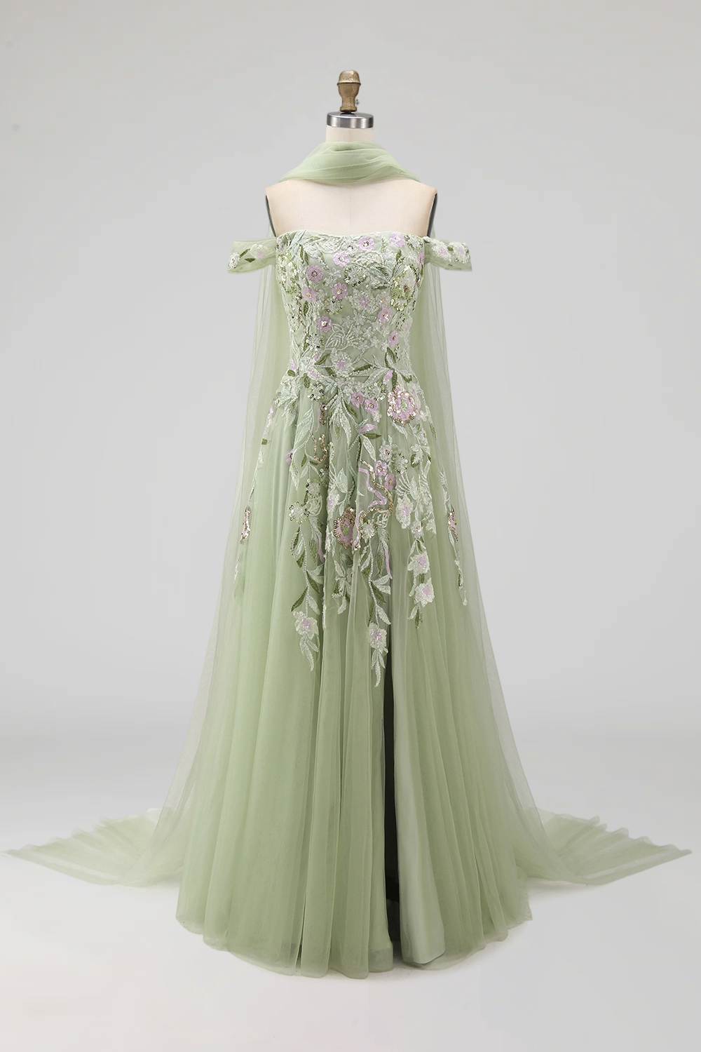 Dusty Sage Tulle Floral Neck Scarf A Line Long Prom Dress with Slit