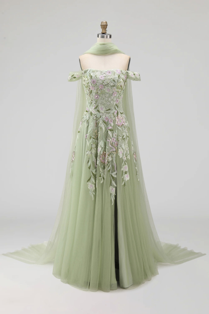 Dusty Sage Tulle Floral Neck Scarf A Line Long Prom Dress with Slit