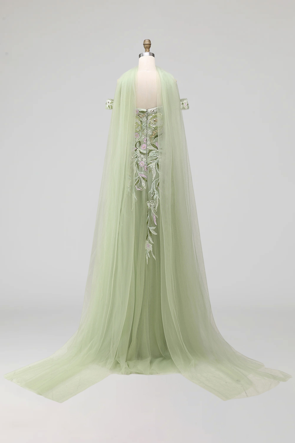 Dusty Sage Tulle Floral Neck Scarf A Line Long Prom Dress with Slit