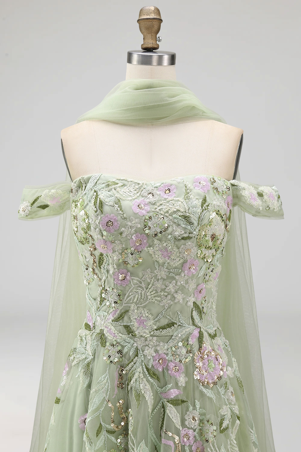 Dusty Sage Tulle Floral Neck Scarf A Line Long Prom Dress with Slit