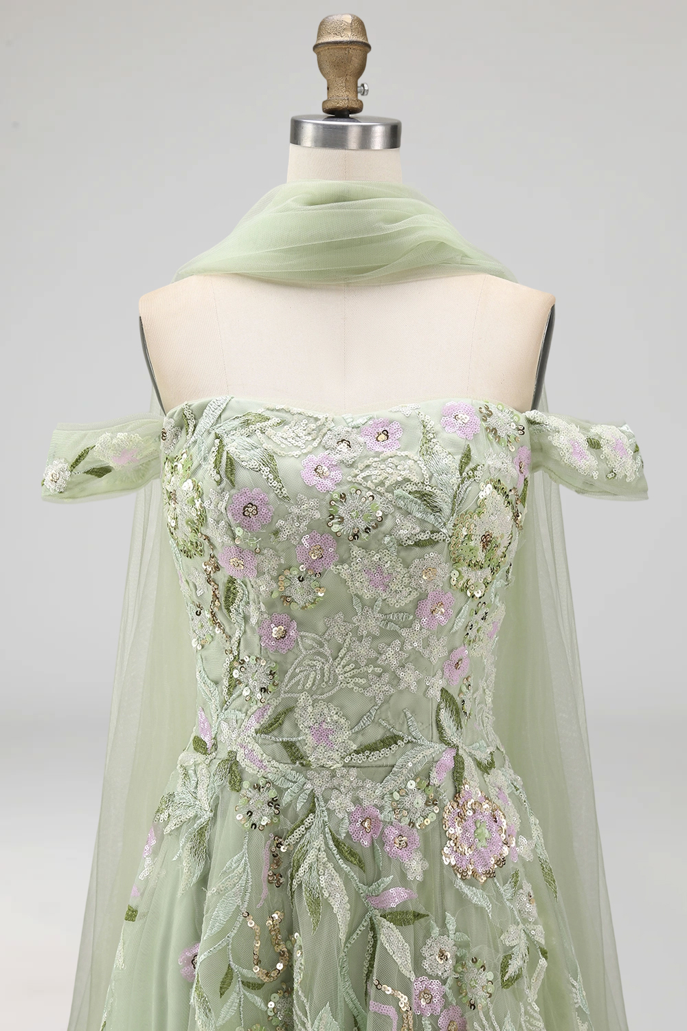 Dusty Sage Tulle Floral Neck Scarf A Line Long Prom Dress with Slit