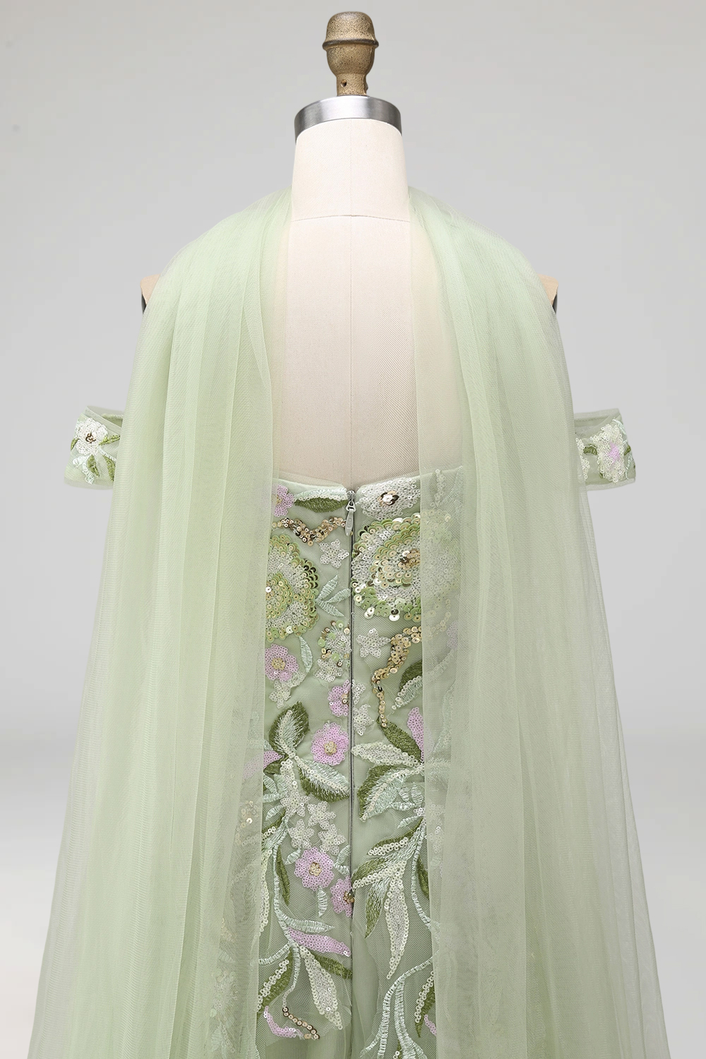 Dusty Sage Tulle Floral Neck Scarf A Line Long Prom Dress with Slit