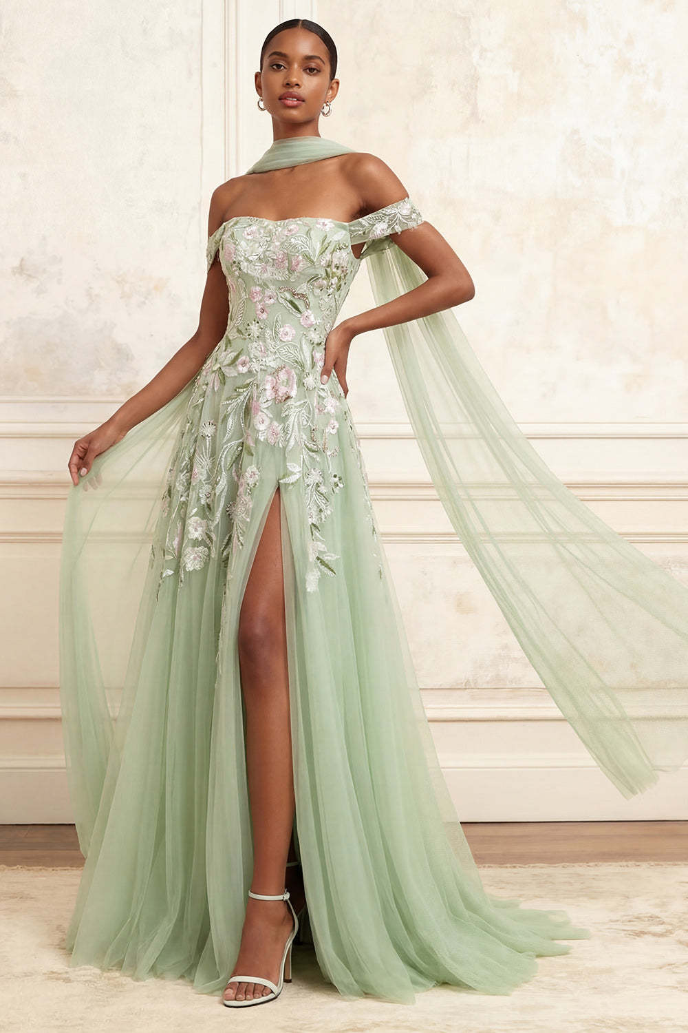 Leely Women Dusty Sage Floral Tulle Long Prom Dress with Slit A Line Embroidered Neck Scarf Off the Shpulder Wedding Guest Dress