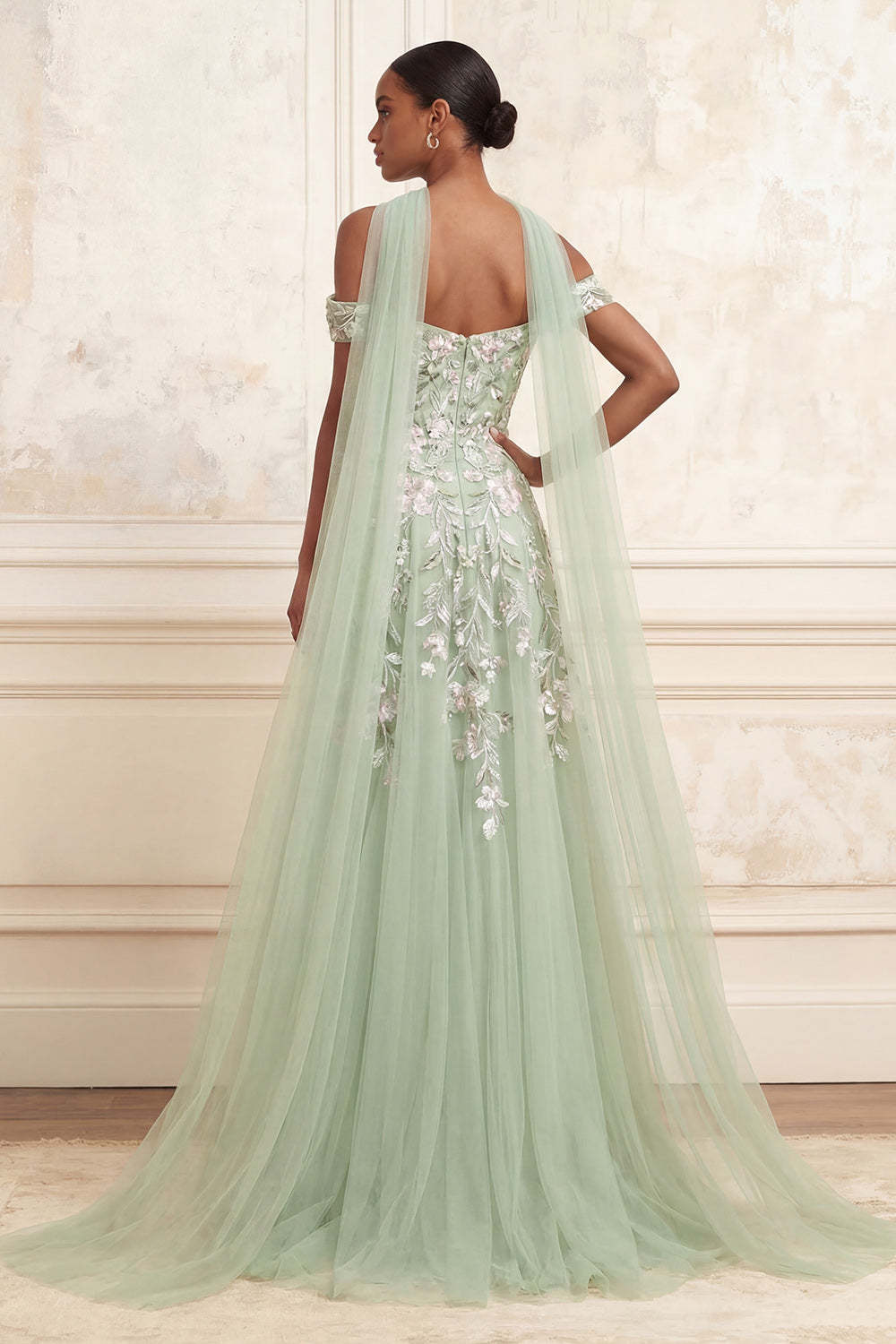 Dusty Sage Tulle Floral Neck Scarf A Line Long Prom Dress with Slit